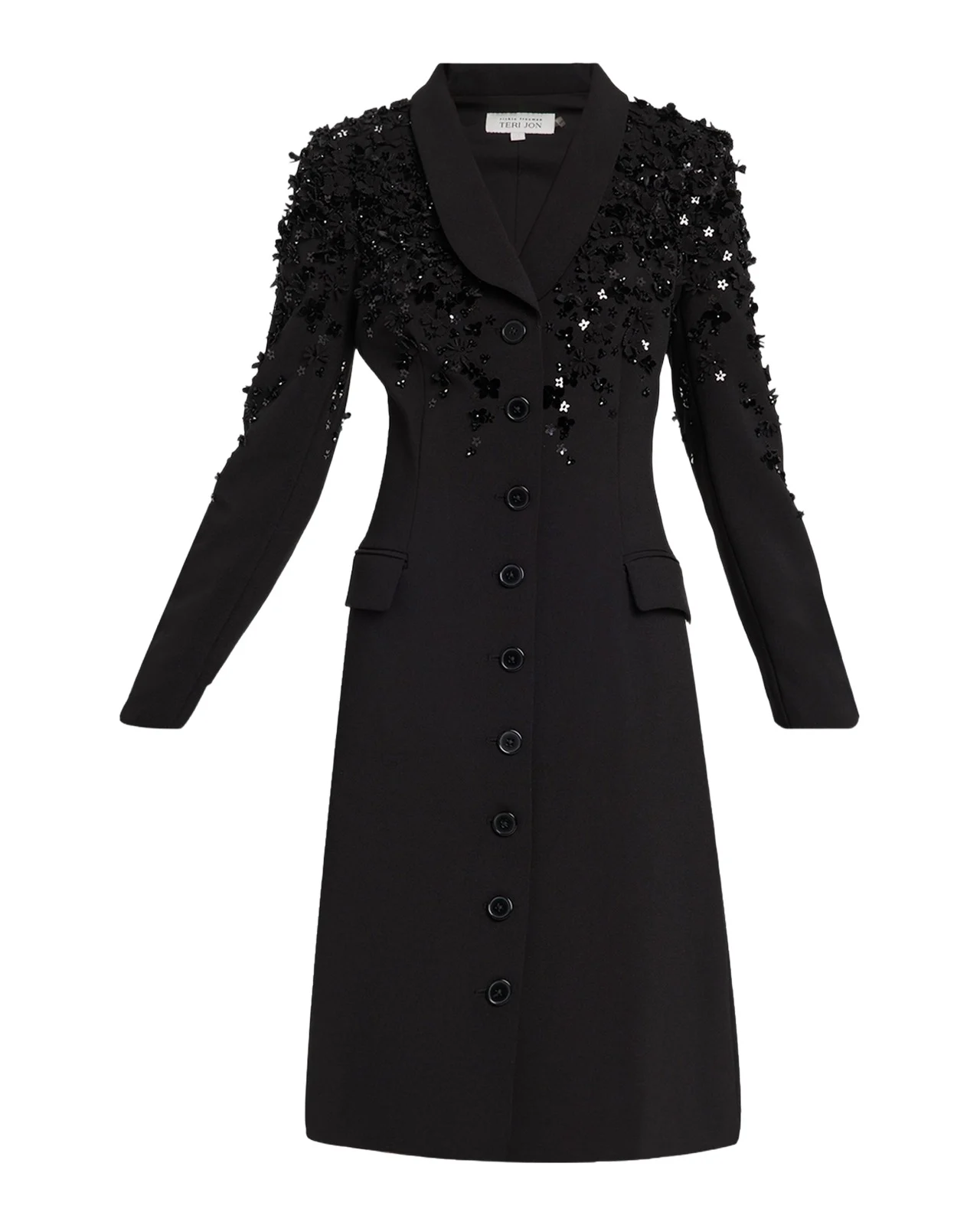 Rickie Freeman for Teri Jon Shawl-Collar Floral Applique Coat Dress