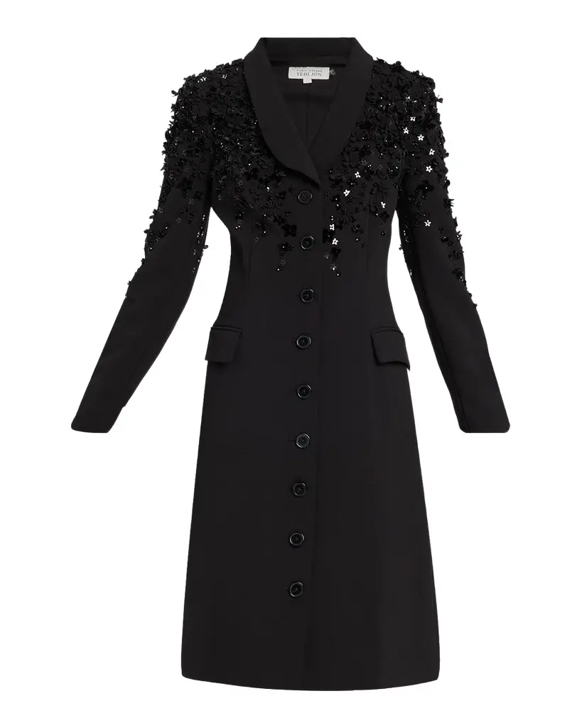 Shawl-Collar Floral Applique Coat Dress Shawl-Collar Floral Applique Coat Dress