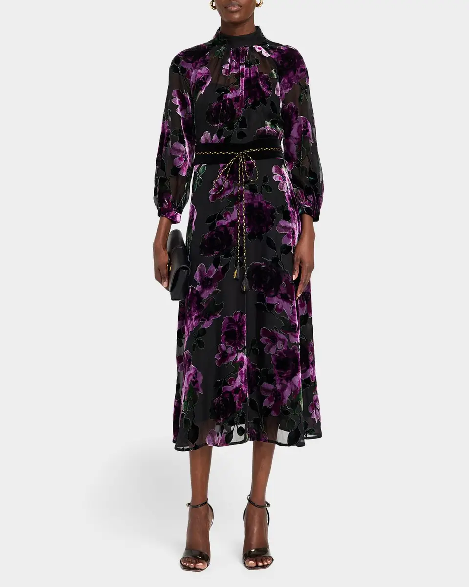Rickie Freeman for Teri Jon Belted Devore Velvet Midi Dress | Thumbnail 2