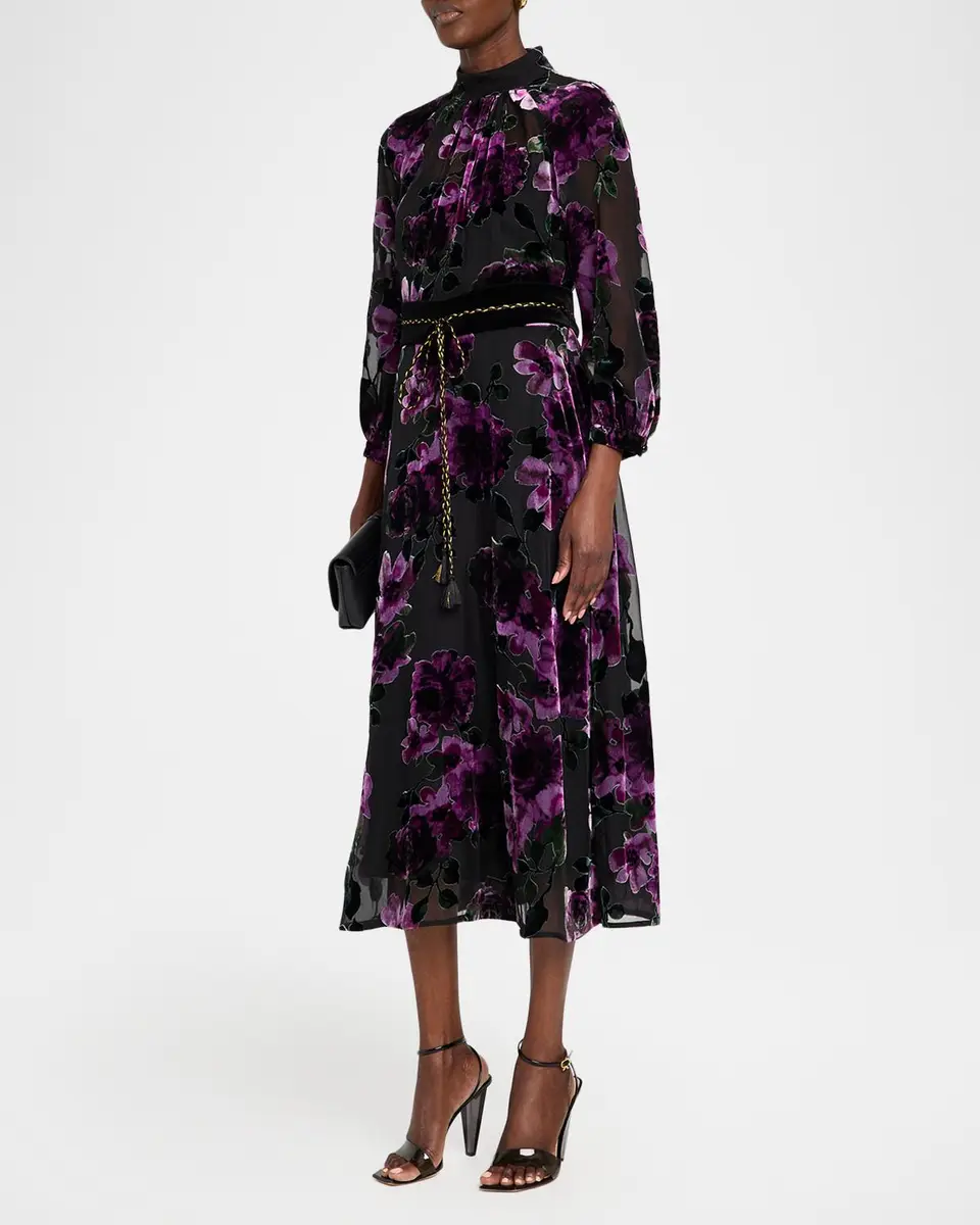 Rickie Freeman for Teri Jon Belted Devore Velvet Midi Dress | Thumbnail 4