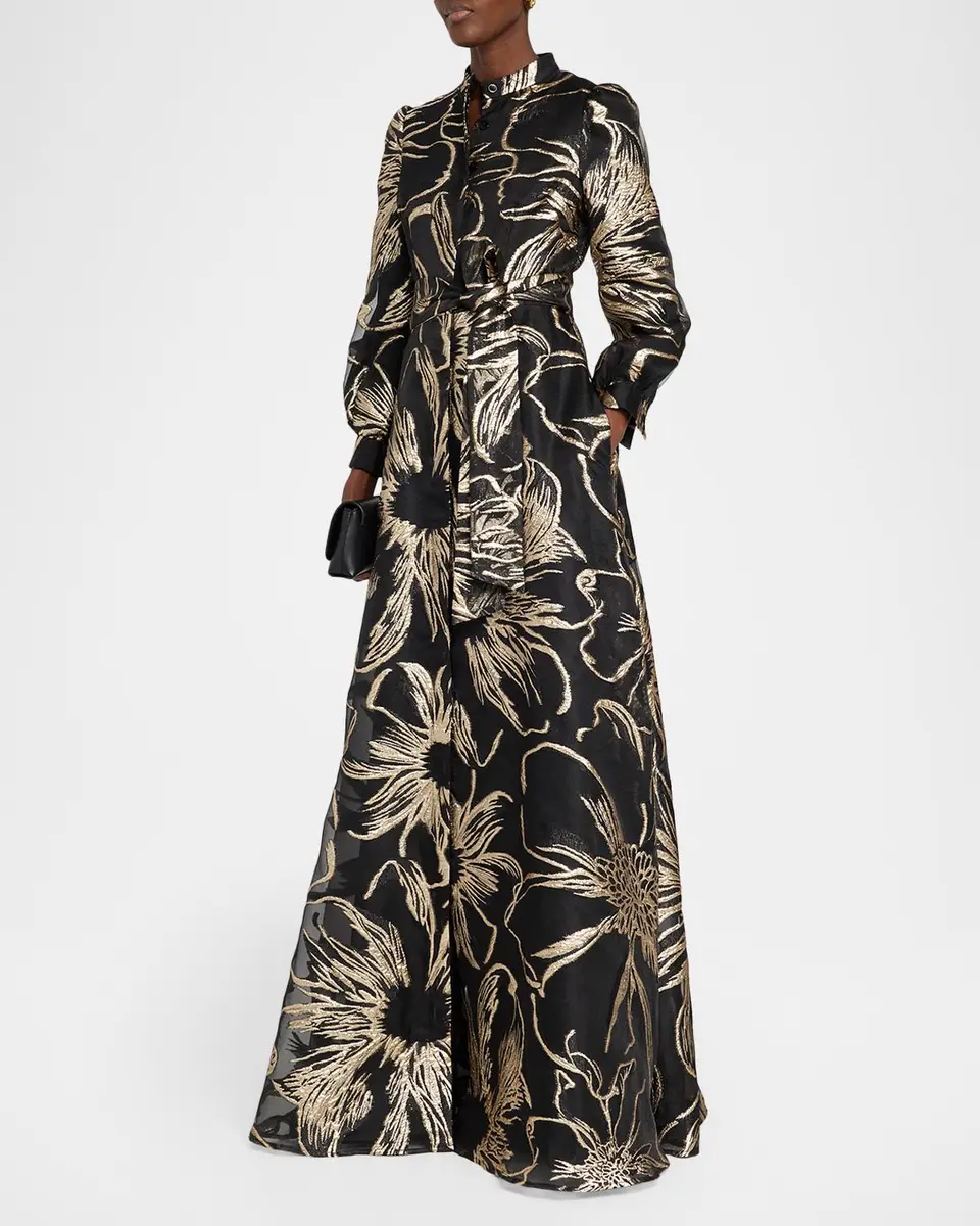 Rickie Freeman for Teri Jon Floral Metallic Jacquard Organza Shirtwaist Gown | Thumbnail 4 Rickie Freeman for Teri Jon Floral Metallic Jacquard Organza Shirtwaist Gown | Thumbnail 4