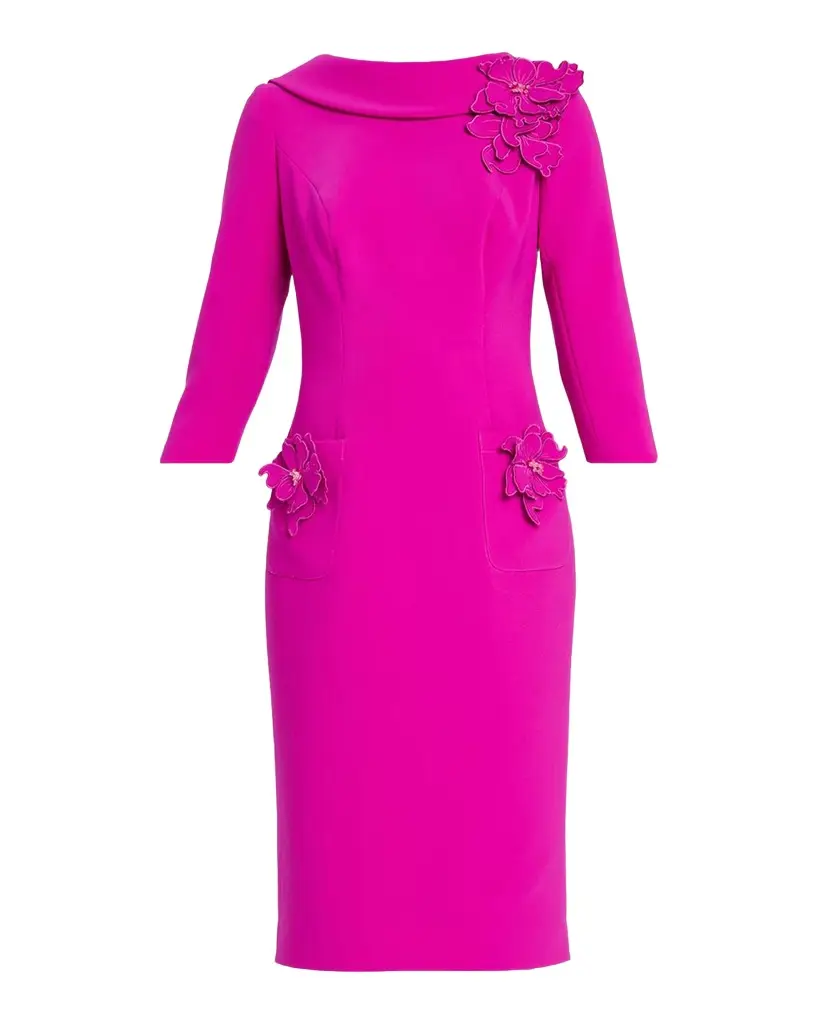 Roll-Neck Floral Applique Crepe Dress Roll-Neck Floral Applique Crepe Dress