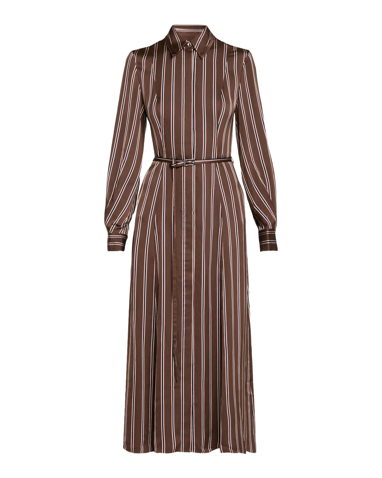 Striped Satin Long-Sleeve Belted Midi Shirtdress