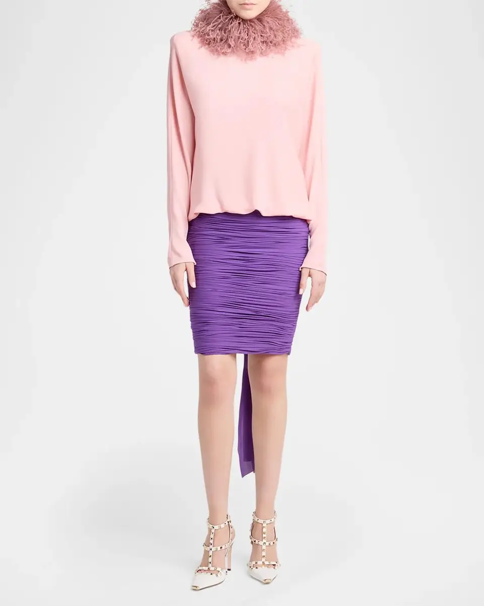 Valentino Garavani Feather-Collar Colorblock Silk Georgette Long-Sleeve Dress | Thumbnail 2