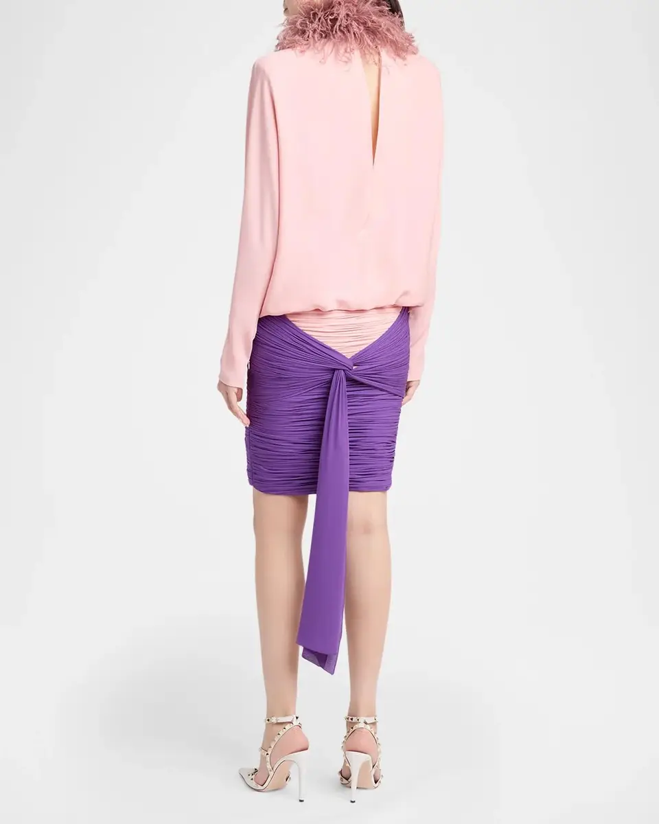 Valentino Garavani Feather-Collar Colorblock Silk Georgette Long-Sleeve Dress | Thumbnail 3