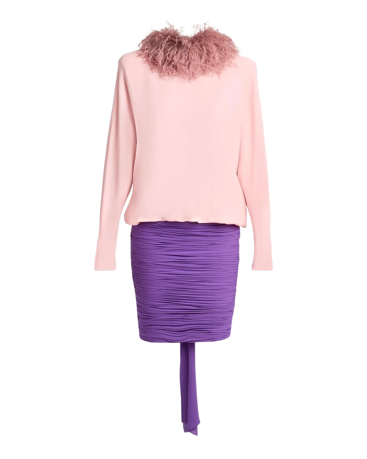 Valentino Garavani Feather-Collar Colorblock Silk Georgette Long-Sleeve Dress