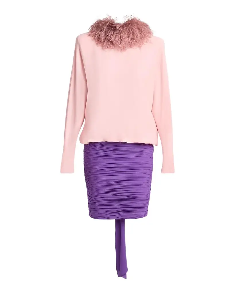Feather-Collar Colorblock Silk Georgette Long-Sleeve Dress Feather-Collar Colorblock Silk Georgette Long-Sleeve Dress