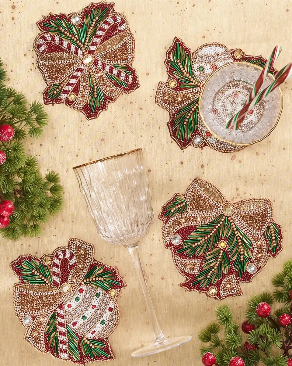 Kim Seybert Candy Cane Bow Beaded Coasters, Set of 4 | Thumbnail 3