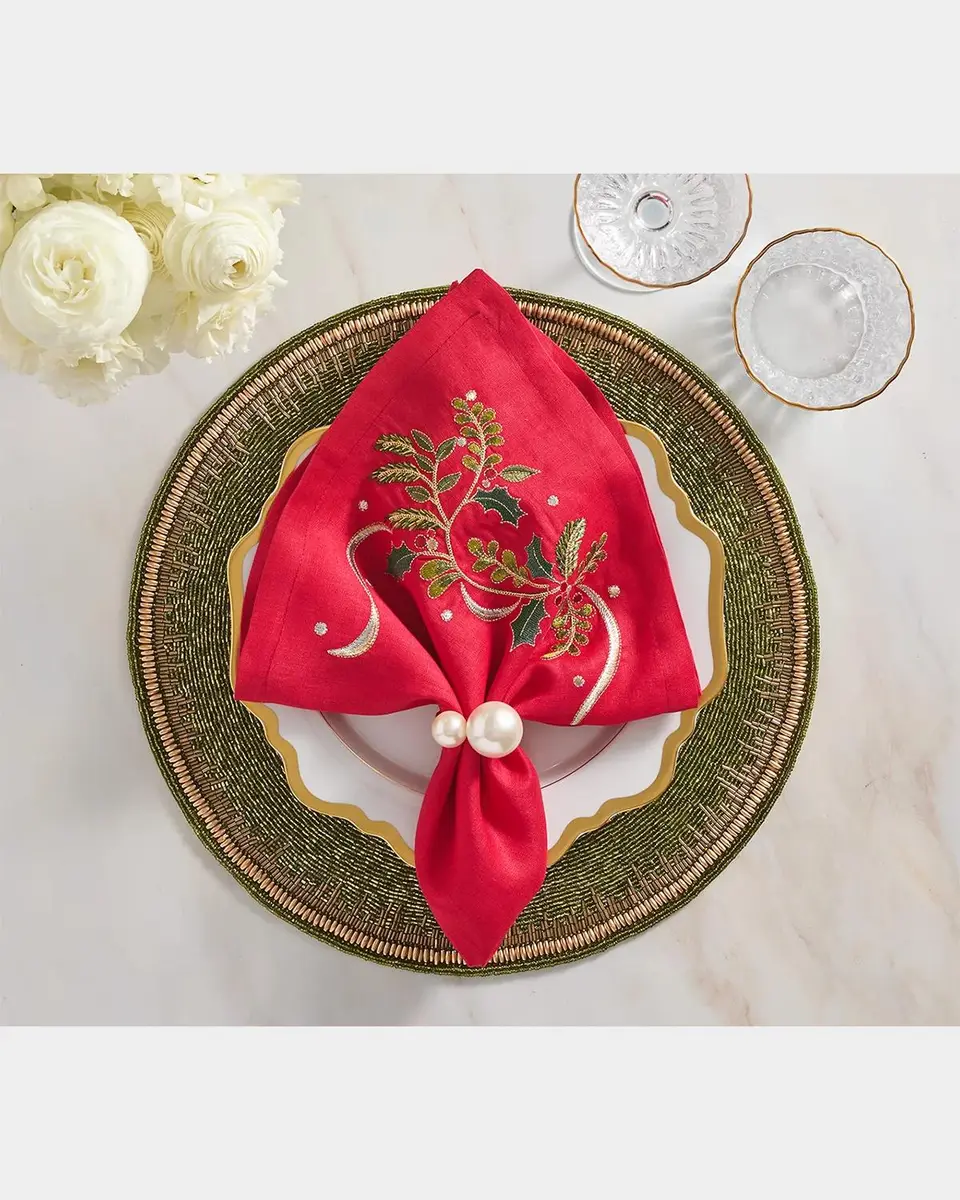Kim Seybert Holly Ribbon Embroidered Linen Napkin | Thumbnail 3 Kim Seybert Holly Ribbon Embroidered Linen Napkin | Thumbnail 3