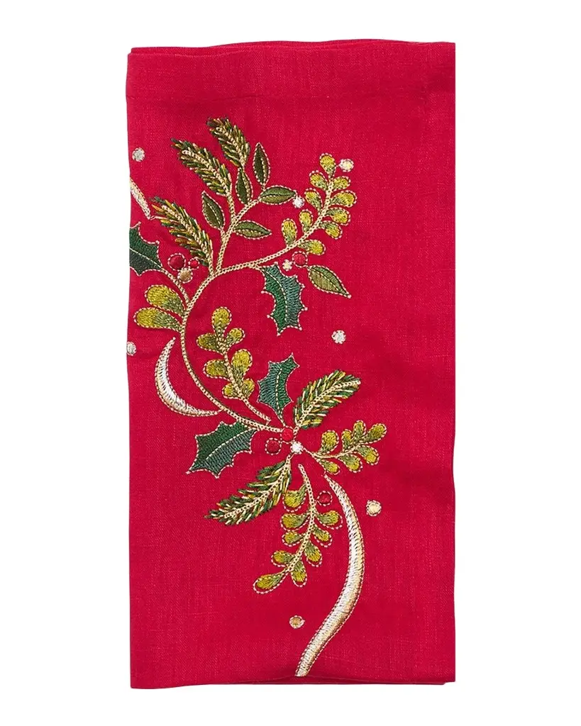 Holly Ribbon Embroidered Linen Napkin Holly Ribbon Embroidered Linen Napkin