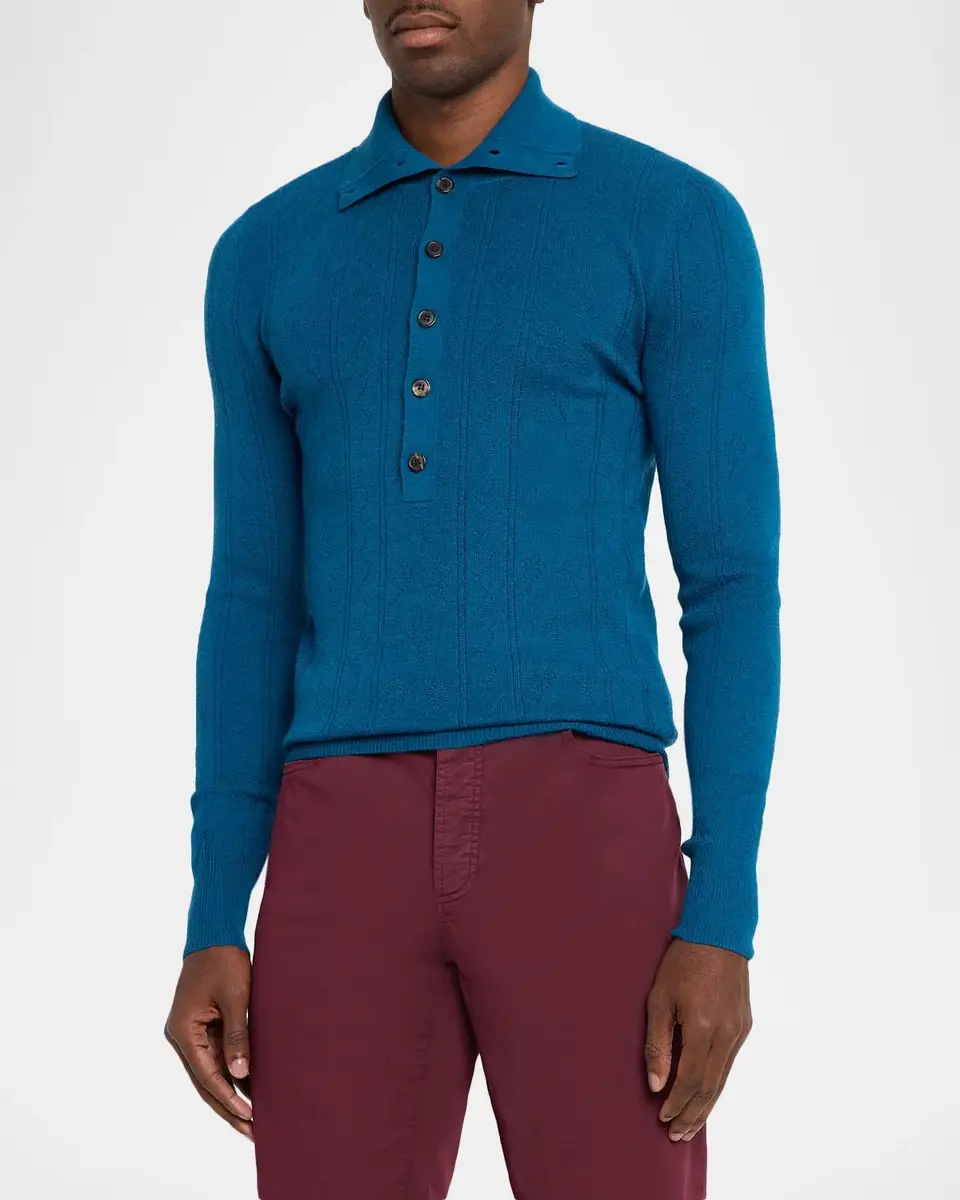 Dries Van Noten Men's Fine Wool and Cotton Pointelle Polo Sweater | Thumbnail 4 Dries Van Noten Men's Fine Wool and Cotton Pointelle Polo Sweater | Thumbnail 4