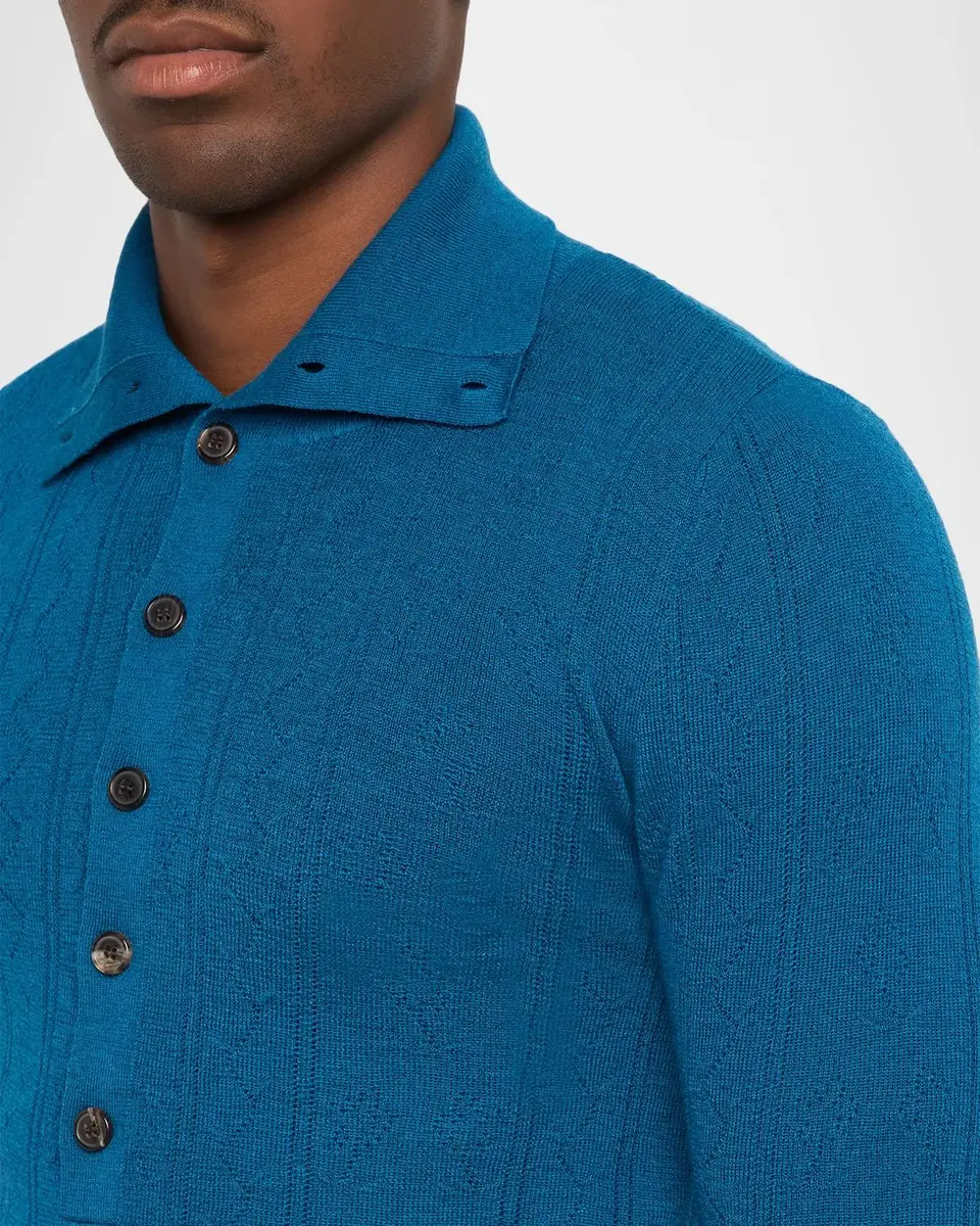 Dries Van Noten Men's Fine Wool and Cotton Pointelle Polo Sweater | Thumbnail 5 Dries Van Noten Men's Fine Wool and Cotton Pointelle Polo Sweater | Thumbnail 5