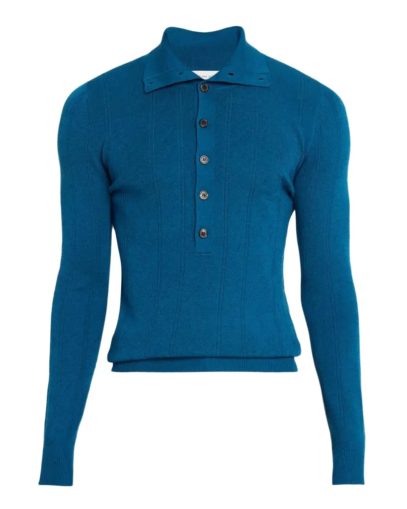 Dries Van Noten Men's Fine Wool and Cotton Pointelle Polo Sweater