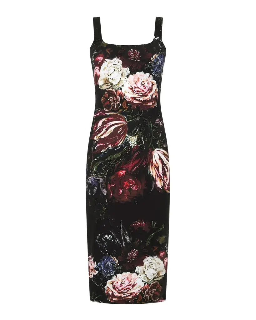 Sleeveless Floral Bouquet Stretch Jersey Midi Dress Sleeveless Floral Bouquet Stretch Jersey Midi Dress