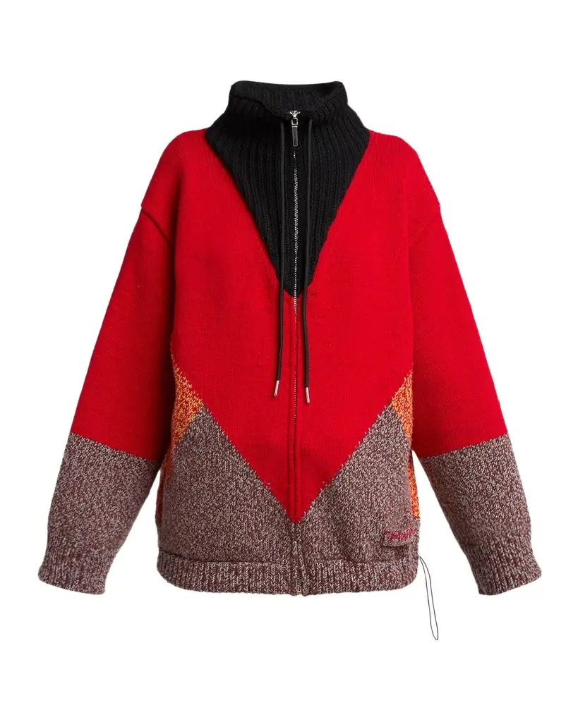 Colorblock Wool-Cashmere Drawstring Zip Jacket
