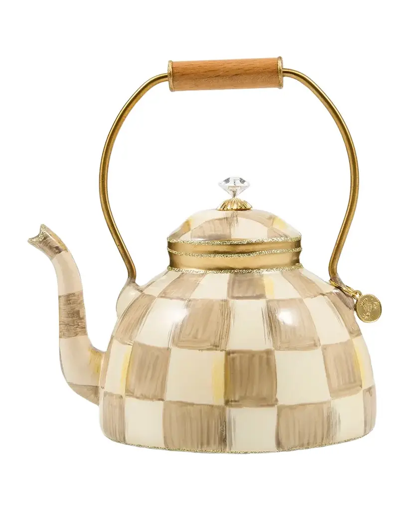 MacKenzie-Childs Mocha Check Tea Kettle Glass Ornament
