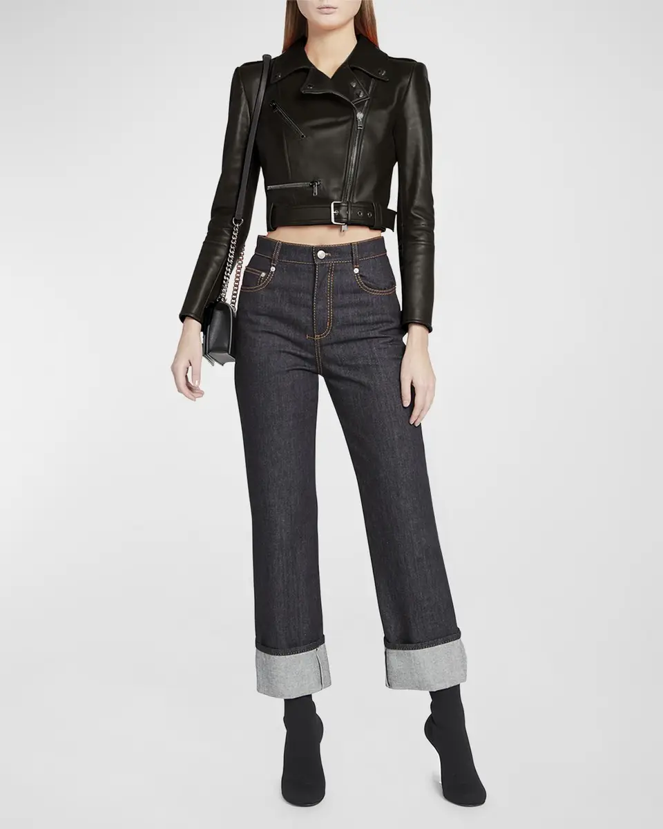 Alexander McQueen Cropped Leather Biker Jacket | Thumbnail 2 Alexander McQueen Cropped Leather Biker Jacket | Thumbnail 2