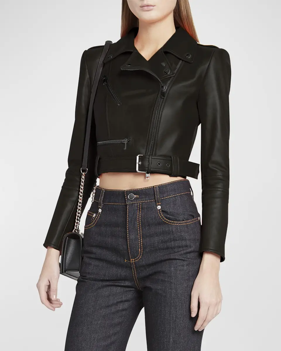 Alexander McQueen Cropped Leather Biker Jacket | Thumbnail 4 Alexander McQueen Cropped Leather Biker Jacket | Thumbnail 4