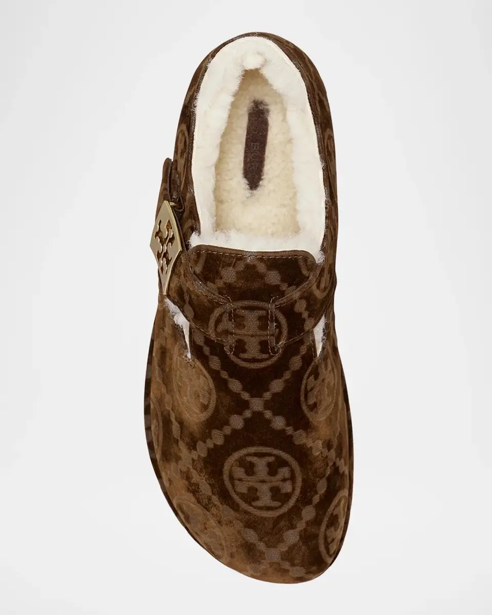 Tory Burch Mellow Shearling-Lined Monogram Velvet Clogs | Thumbnail 3