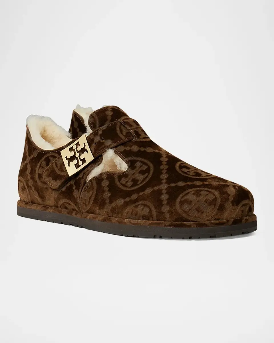Tory Burch Mellow Shearling-Lined Monogram Velvet Clogs | Thumbnail 4