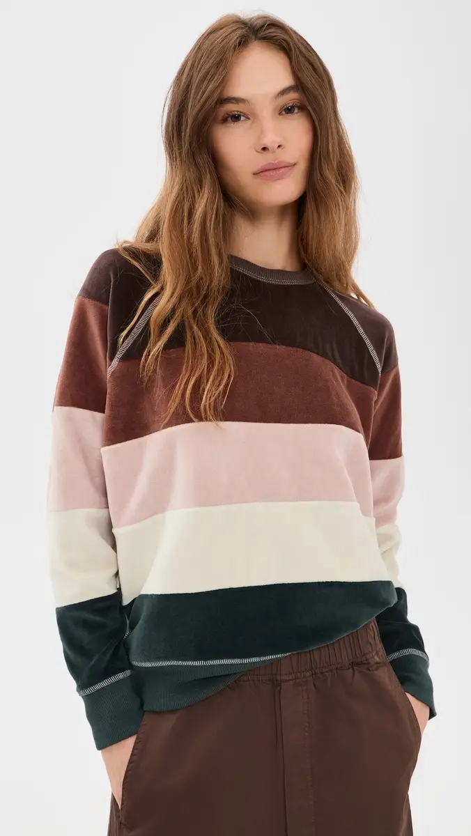The Great. THE GREAT. The Pieced Stripe Velour College Sweatshirt | Thumbnail 2 The Great. THE GREAT. The Pieced Stripe Velour College Sweatshirt | Thumbnail 2