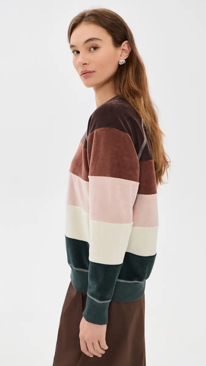 The Great. THE GREAT. The Pieced Stripe Velour College Sweatshirt | Thumbnail 4 The Great. THE GREAT. The Pieced Stripe Velour College Sweatshirt | Thumbnail 4