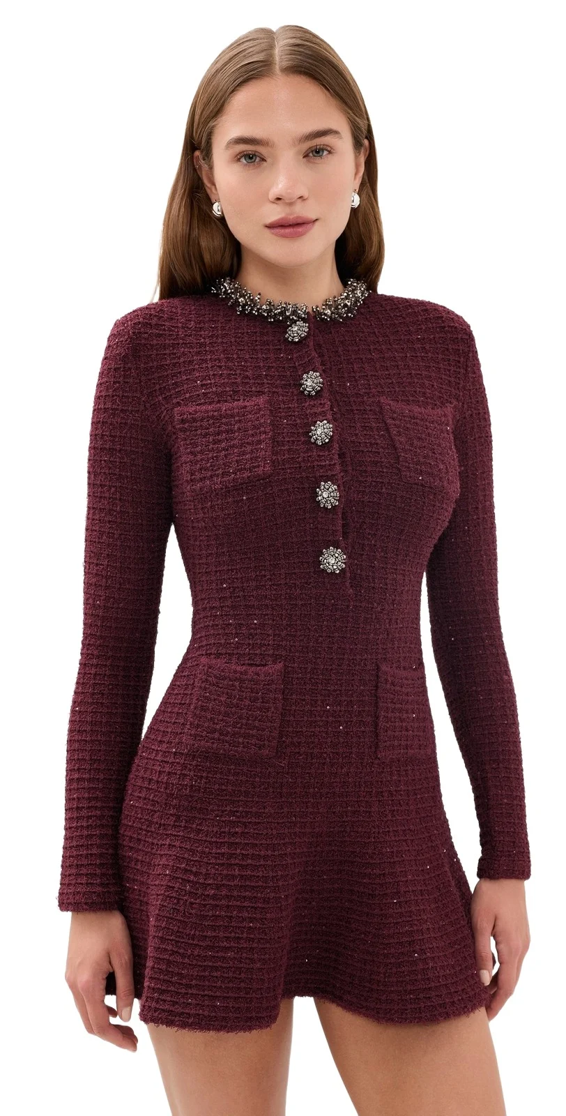 Self-Portrait Burgundy Textured Knit Embellished Mini
