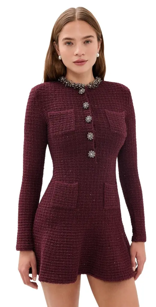 Burgundy Textured Knit Embellished Mini Burgundy Textured Knit Embellished Mini