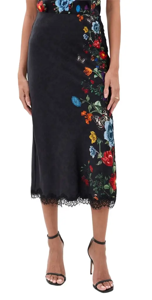 Alice + Olivia Maeve Midi Lace Trim Slip Skirt