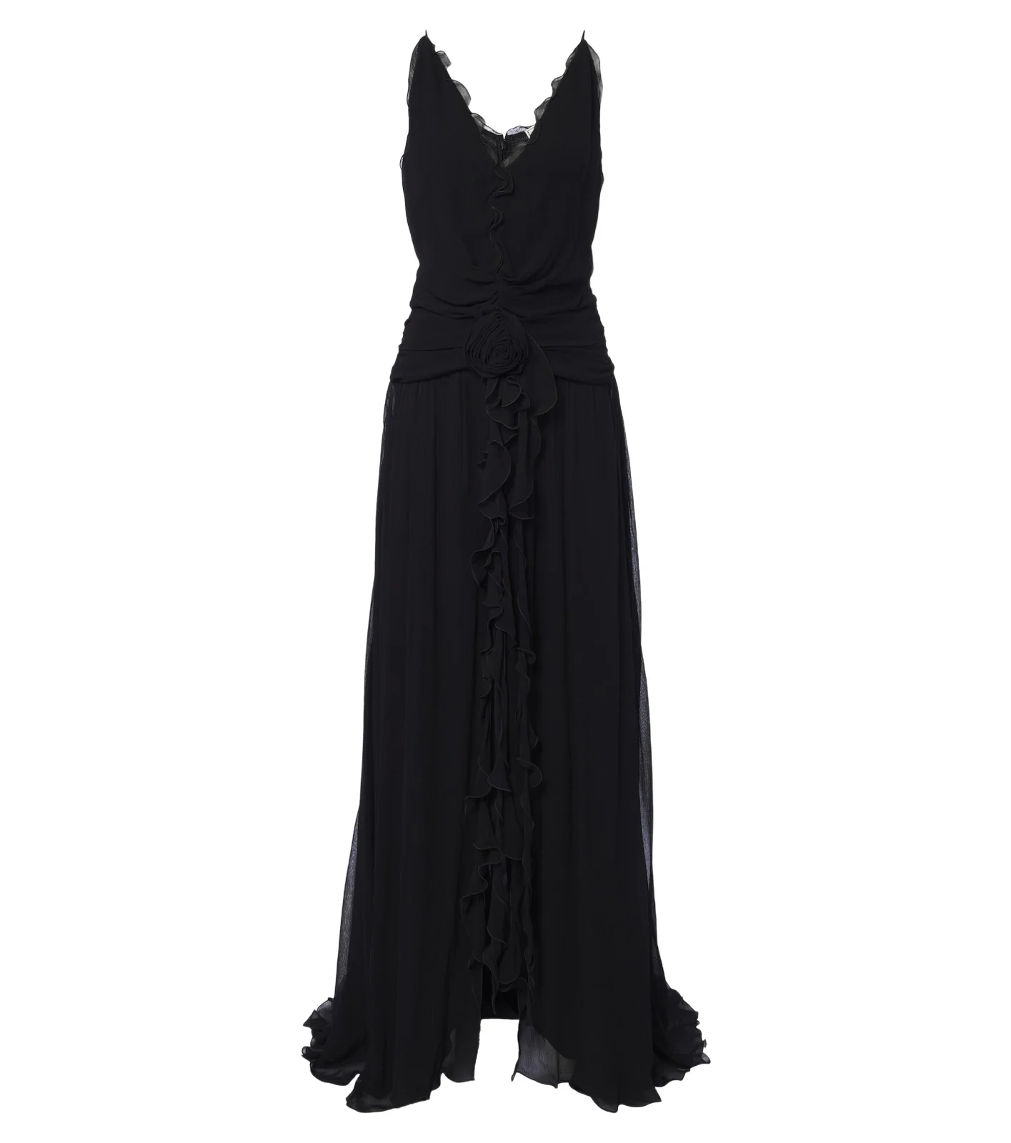 Floral-appliqué ruffled georgette gown Floral-appliqué ruffled georgette gown
