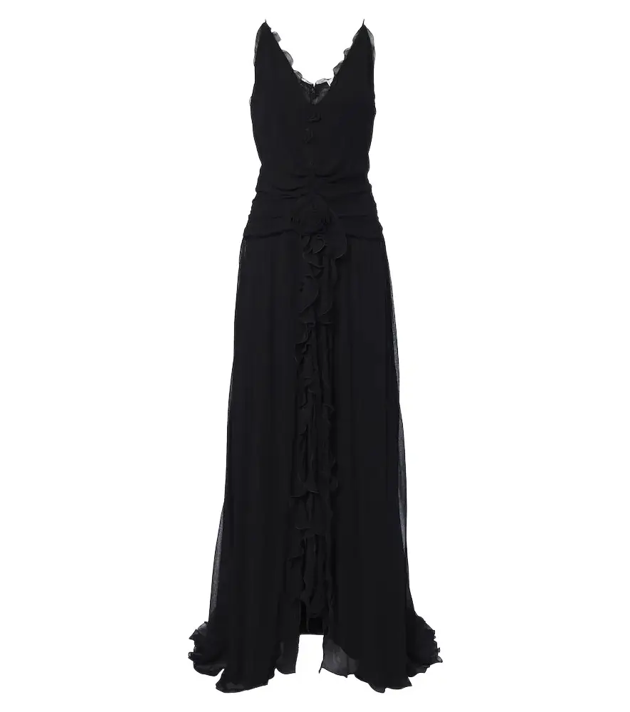 Floral-appliqué ruffled georgette gown