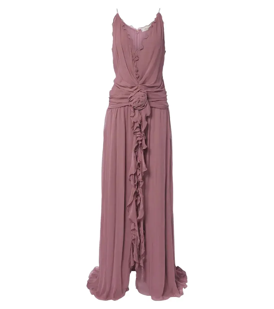 Floral-appliqué ruffled georgette gown Floral-appliqué ruffled georgette gown