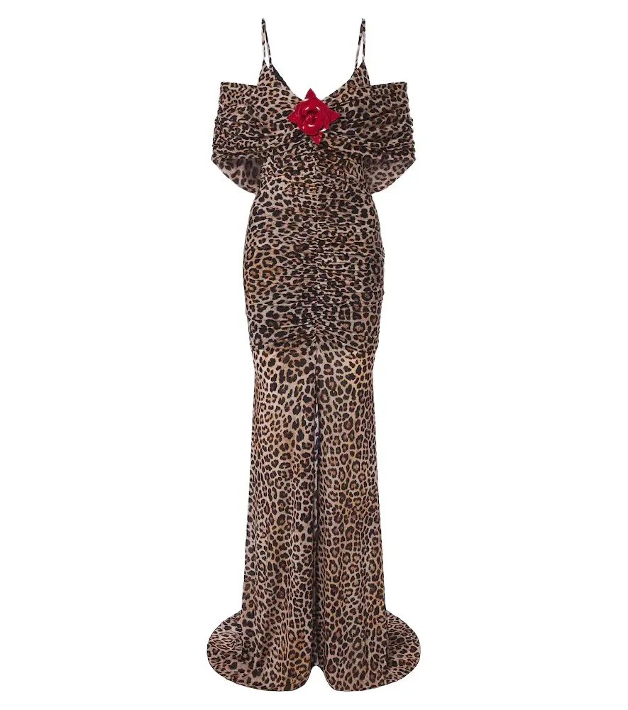Floral-appliqué leopard-print jersey maxi dress