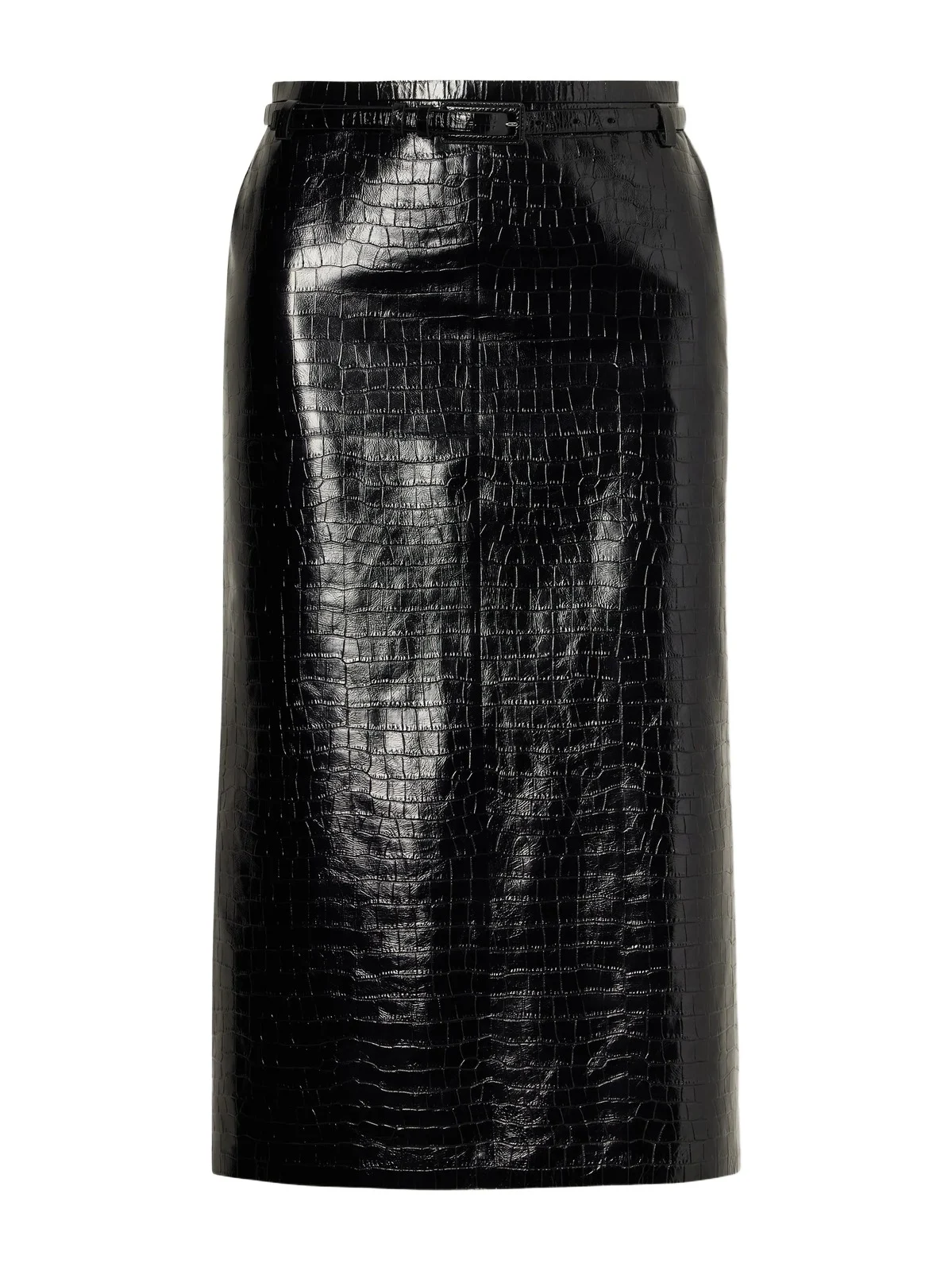 Belted Croc-effect Leather Midi Skirt