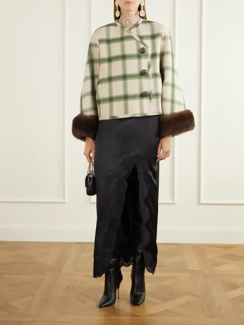 Valentino Garavani Cropped Shearling-trimmed Checked Wool-twill Jacket | Thumbnail 2 Valentino Garavani Cropped Shearling-trimmed Checked Wool-twill Jacket | Thumbnail 2