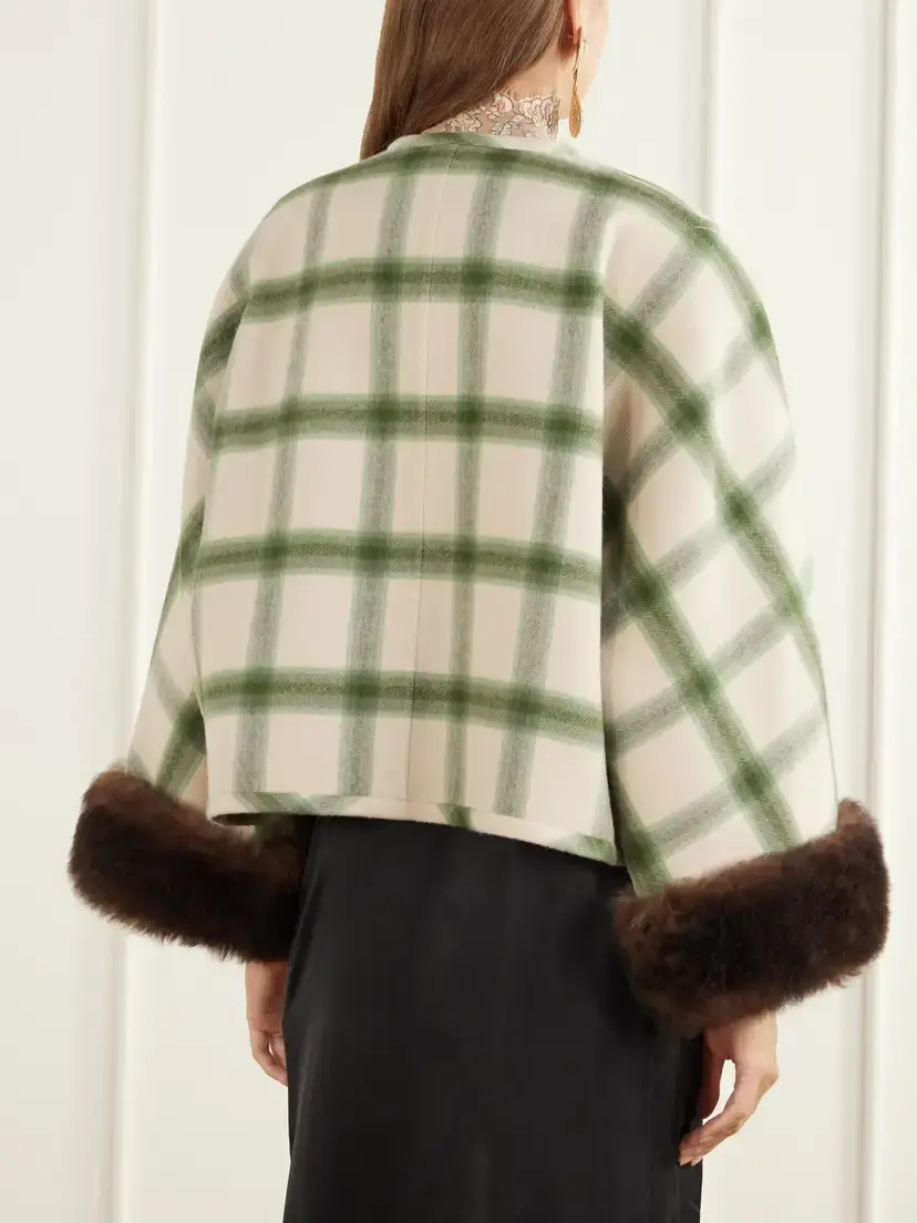 Valentino Garavani Cropped Shearling-trimmed Checked Wool-twill Jacket | Thumbnail 3 Valentino Garavani Cropped Shearling-trimmed Checked Wool-twill Jacket | Thumbnail 3