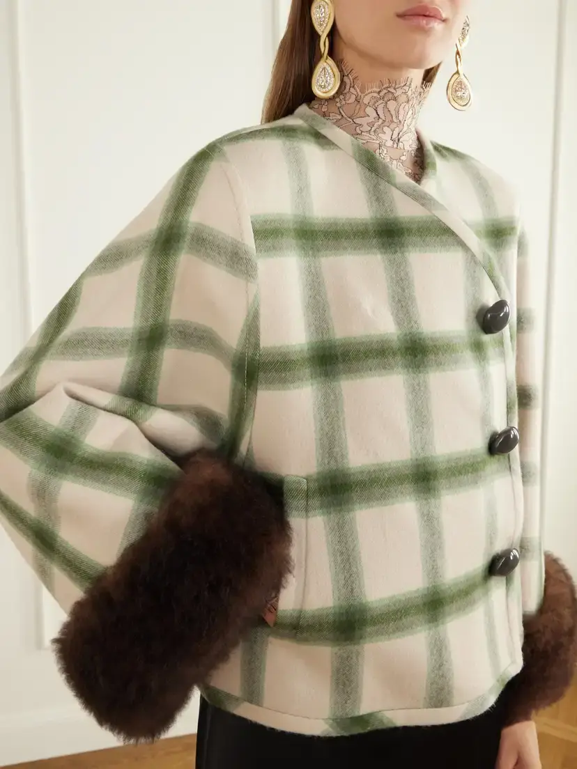 Valentino Garavani Cropped Shearling-trimmed Checked Wool-twill Jacket | Thumbnail 4 Valentino Garavani Cropped Shearling-trimmed Checked Wool-twill Jacket | Thumbnail 4