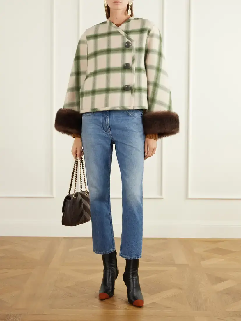 Valentino Garavani Cropped Shearling-trimmed Checked Wool-twill Jacket | Thumbnail 5 Valentino Garavani Cropped Shearling-trimmed Checked Wool-twill Jacket | Thumbnail 5