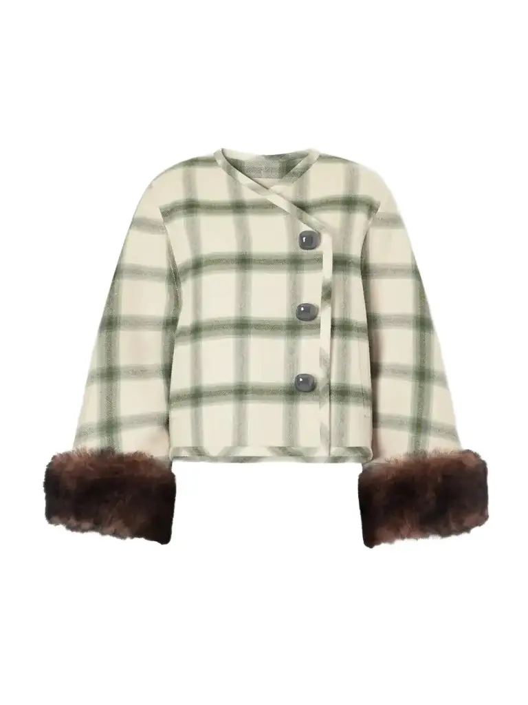 Cropped Shearling-trimmed Checked Wool-twill Jacket Cropped Shearling-trimmed Checked Wool-twill Jacket