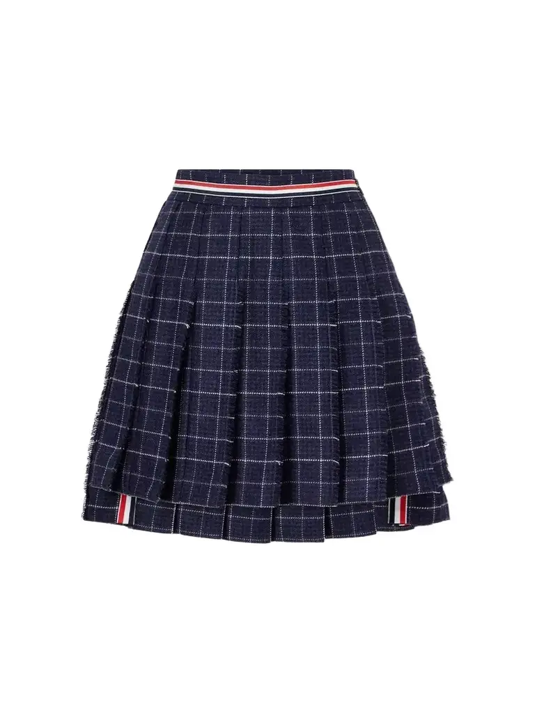 Checked Frayed Pleated Mini Skirt