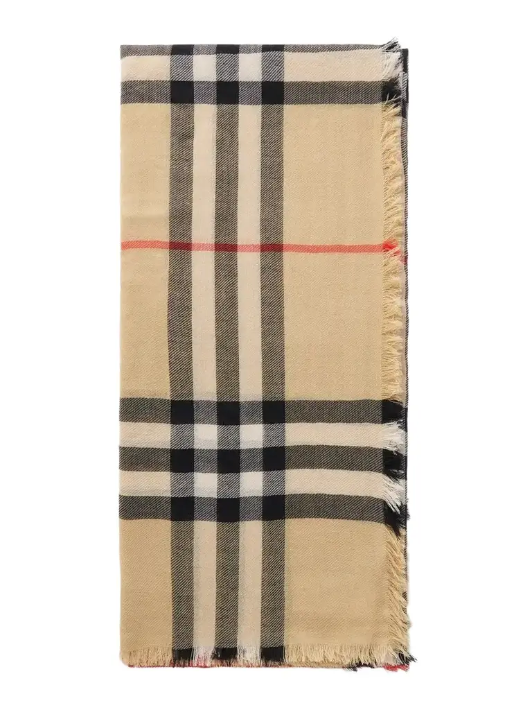 Burberry Frayed Checked Wool Scarf