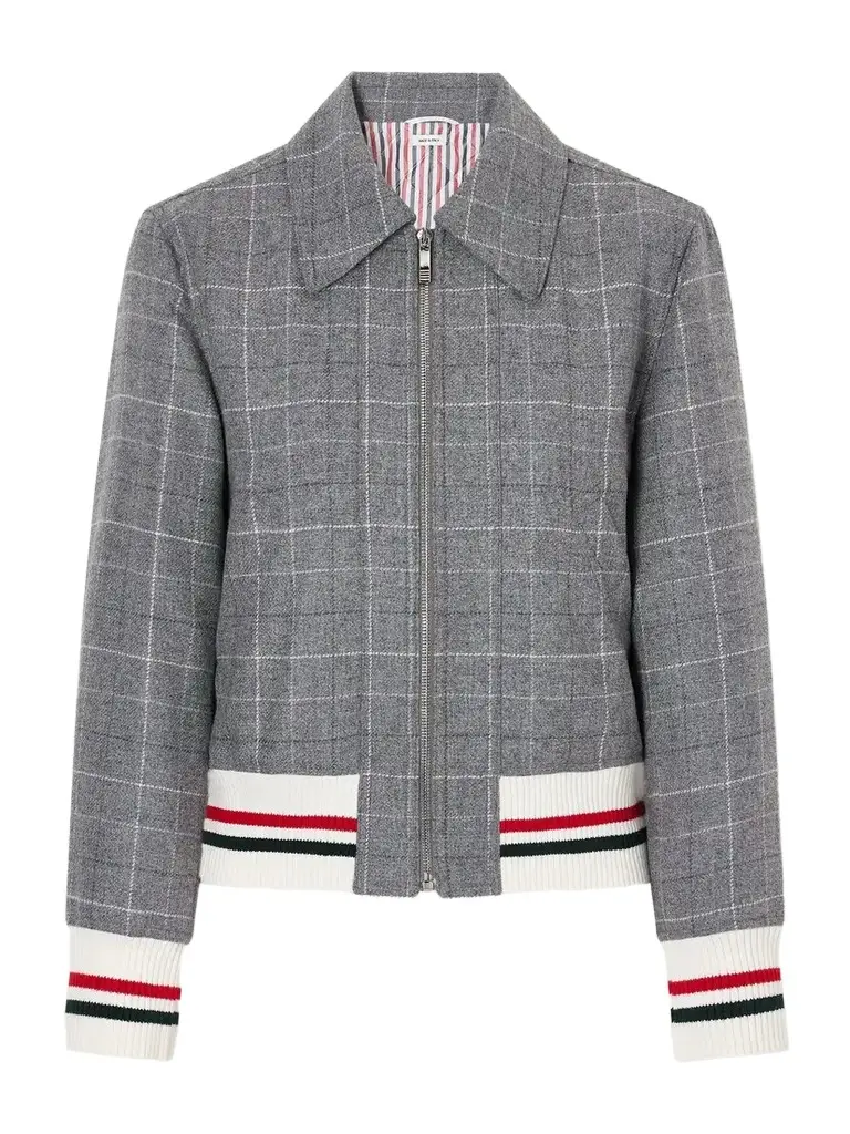 Cropped Padded Rib-trimmed Checked Wool-tweed Jacket