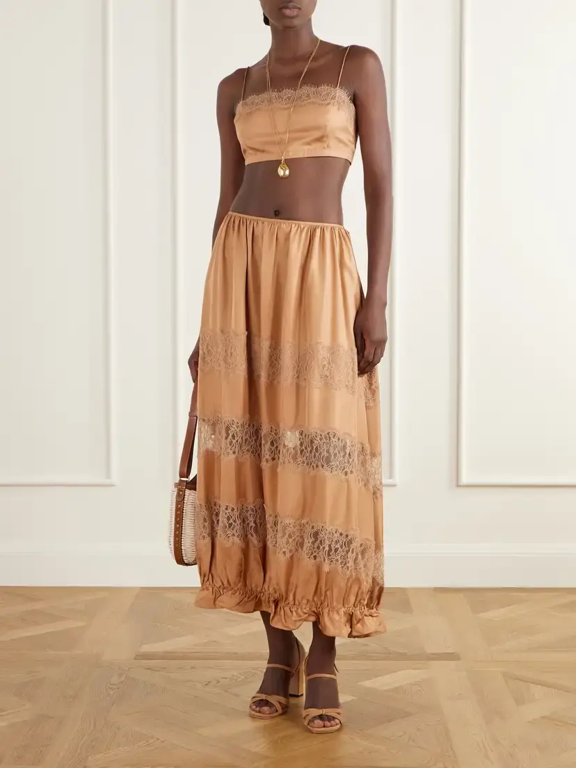 Ulla Johnson Chantal Tiered Gathered Lace-trimmed Silk-charmeuse Midi Skirt | Thumbnail 2