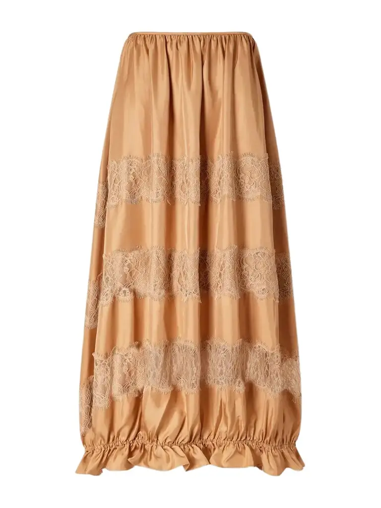 Chantal Tiered Gathered Lace-trimmed Silk-charmeuse Midi Skirt