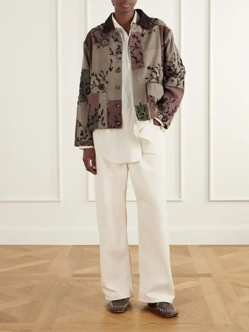 Kartik Research Embellished Suede-trimmed Patchwork Woven Cotton Jacket | Thumbnail 2 Kartik Research Embellished Suede-trimmed Patchwork Woven Cotton Jacket | Thumbnail 2