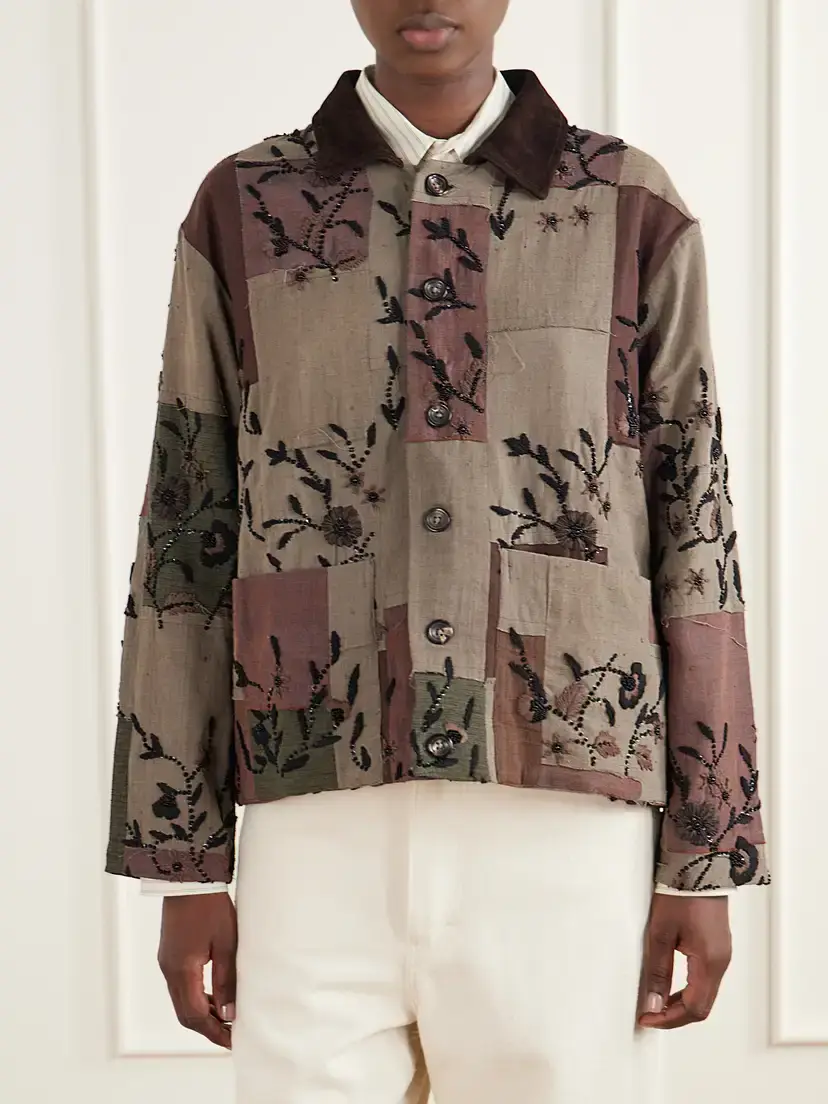 Kartik Research Embellished Suede-trimmed Patchwork Woven Cotton Jacket | Thumbnail 3 Kartik Research Embellished Suede-trimmed Patchwork Woven Cotton Jacket | Thumbnail 3
