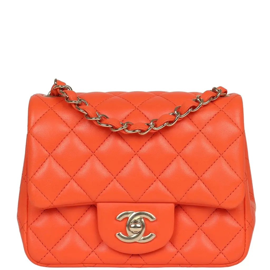 Chanel Mini Classic Square Flap Bag Orange Lambskin Gold Hardware
