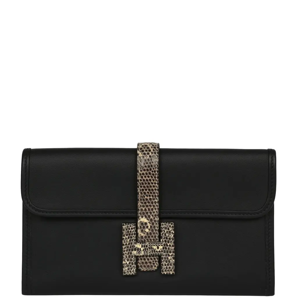 Hermes Jige Duo Clutch Black Swift, Varanus Niloticus Lizard Touch Palladium Hardware Hermes Jige Duo Clutch Black Swift, Varanus Niloticus Lizard Touch Palladium Hardware