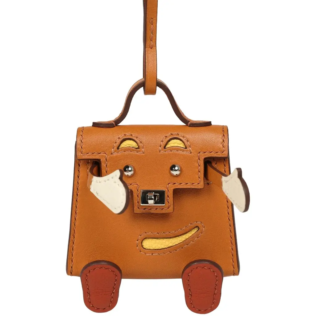 Hermes Mini Kelly Doll Idole Bag Charm Naturel Sable Butler and Nata, Brique, Jaune Mango Chevre Mysore Palladium Hardware