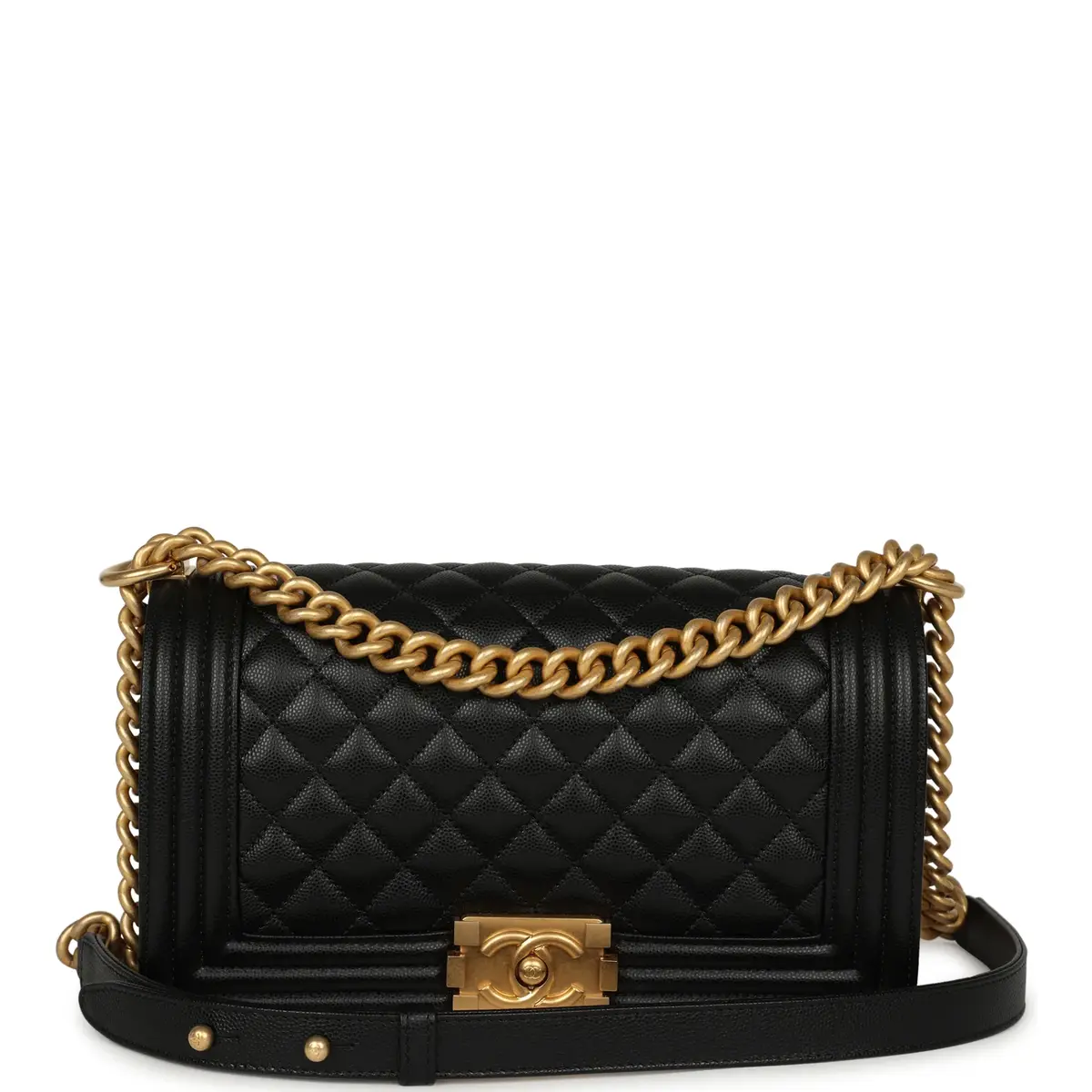 Pre-owned Chanel Medium Boy Bag Black Caviar Antique Gold Hardware Pre-owned Chanel Medium Boy Bag Black Caviar Antique Gold Hardware